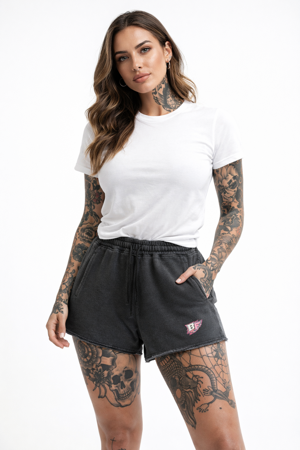 Snow Washed Raw Edge Drawstring Shorts